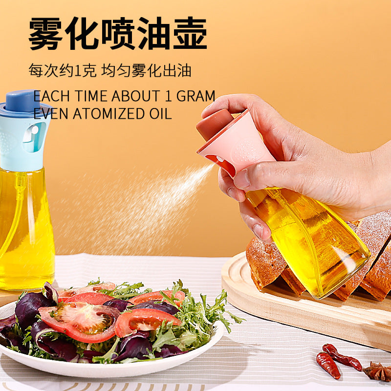 Manual press of the glass atomizing oil spray bottle to evenly atomize the seasoning bottle, dust-proof and oil-controlled glass oil bottle, large-diameter bottle